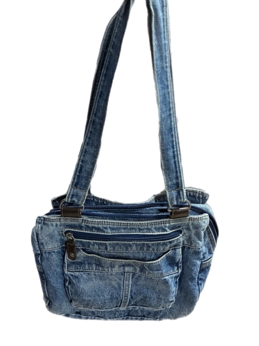 Vintage 90’s Y2K Denim Blue Crossbody Tote Bag Purse Multi-Pocket Utility 13X10”